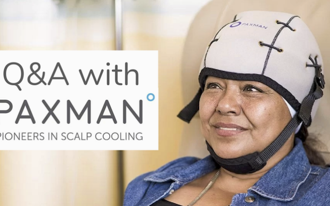 Paxman Scalp Cooling - a woman wearing a cold cap next to the Paxman logo
