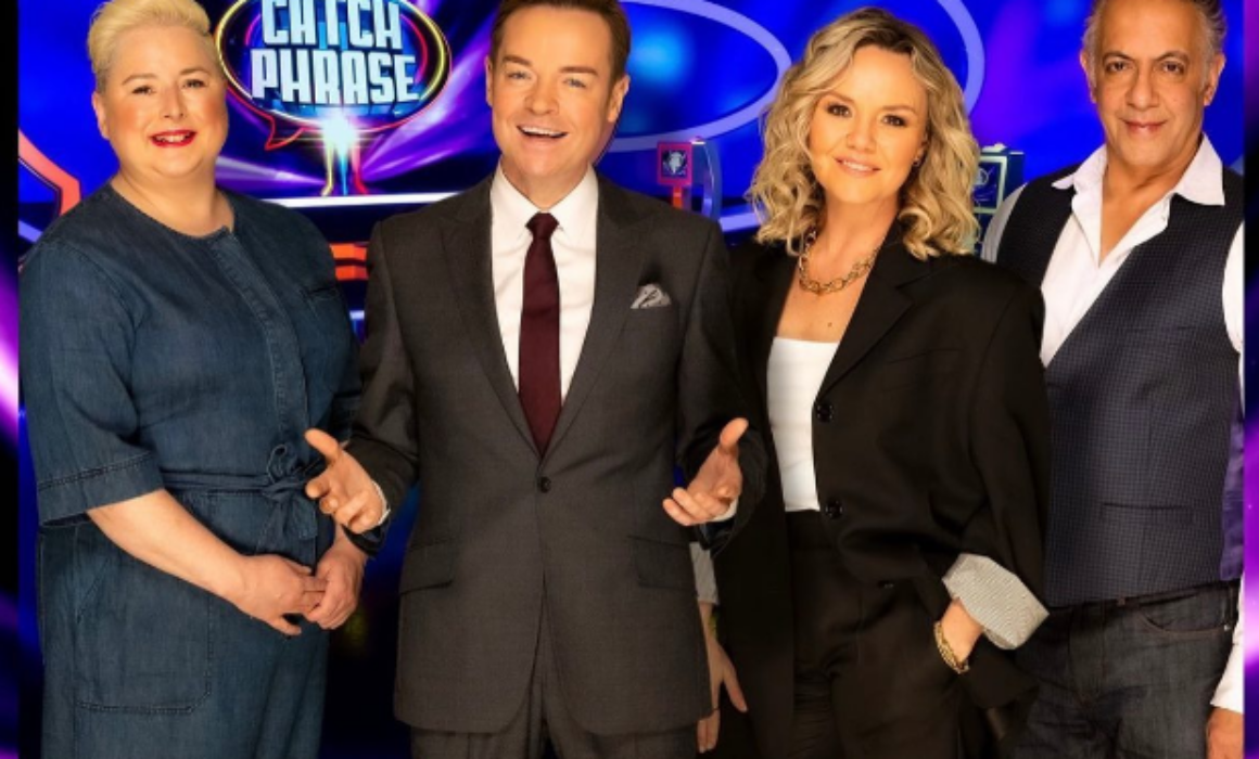 Celebrity Catchphrase contestants with Stephen Mulhern