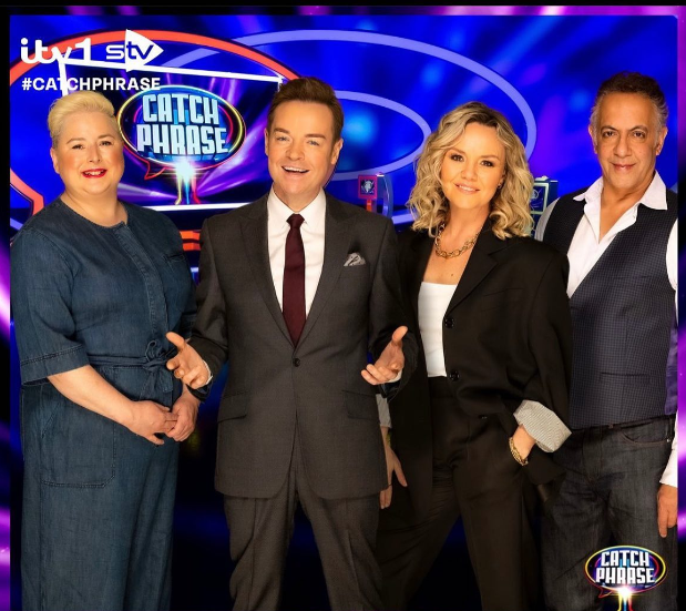 Celebrity Catchphrase contestants with Stephen Mulhern