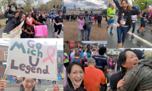Collage of pictures of Michelle's marathon day