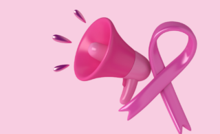 pink background, pink megaphone and pink ribbon