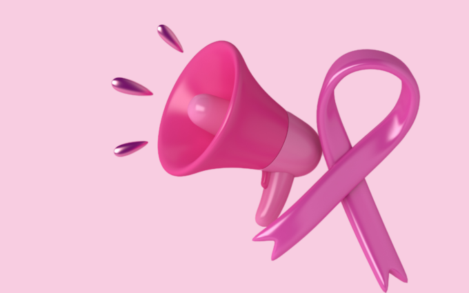 pink background, pink megaphone and pink ribbon