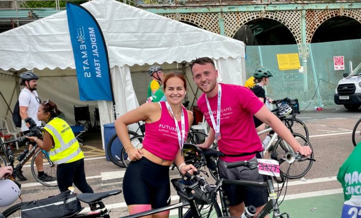 Two cyclists pictured before they cycle from London to Brighton to raise money for Future Dreams breast cancer charity