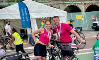 Two cyclists pictured before they cycle from London to Brighton to raise money for Future Dreams breast cancer charity