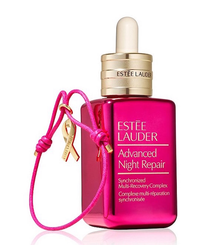 Estee Lauder pink Advanced Night Repair Serum bottle for Breast Cancer