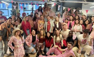 Electric collective theatre in their pink clothes for their pink day fundraising event