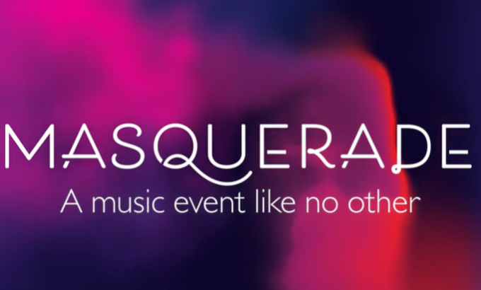 A music event like no other. Masquerade logo with abstract colours behind.