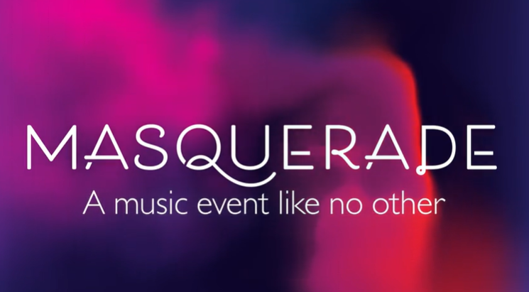 A music event like no other. Masquerade logo with abstract colours behind.