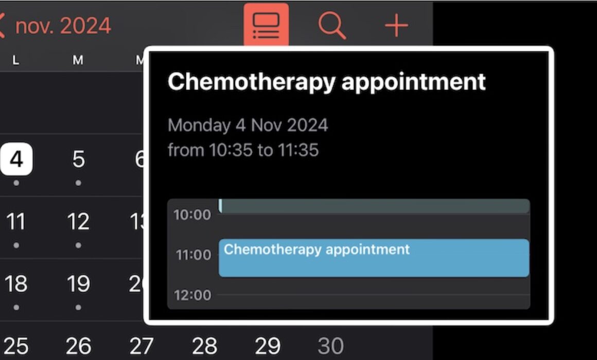 Calendar alert reminder of a chemotherapy appointment