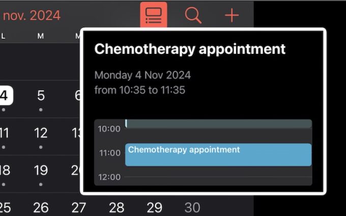 Calendar alert reminder of a chemotherapy appointment