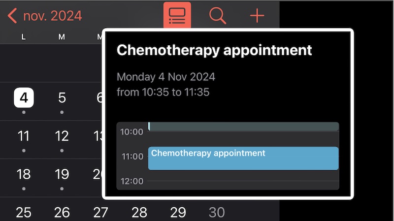 Calendar alert reminder of a chemotherapy appointment