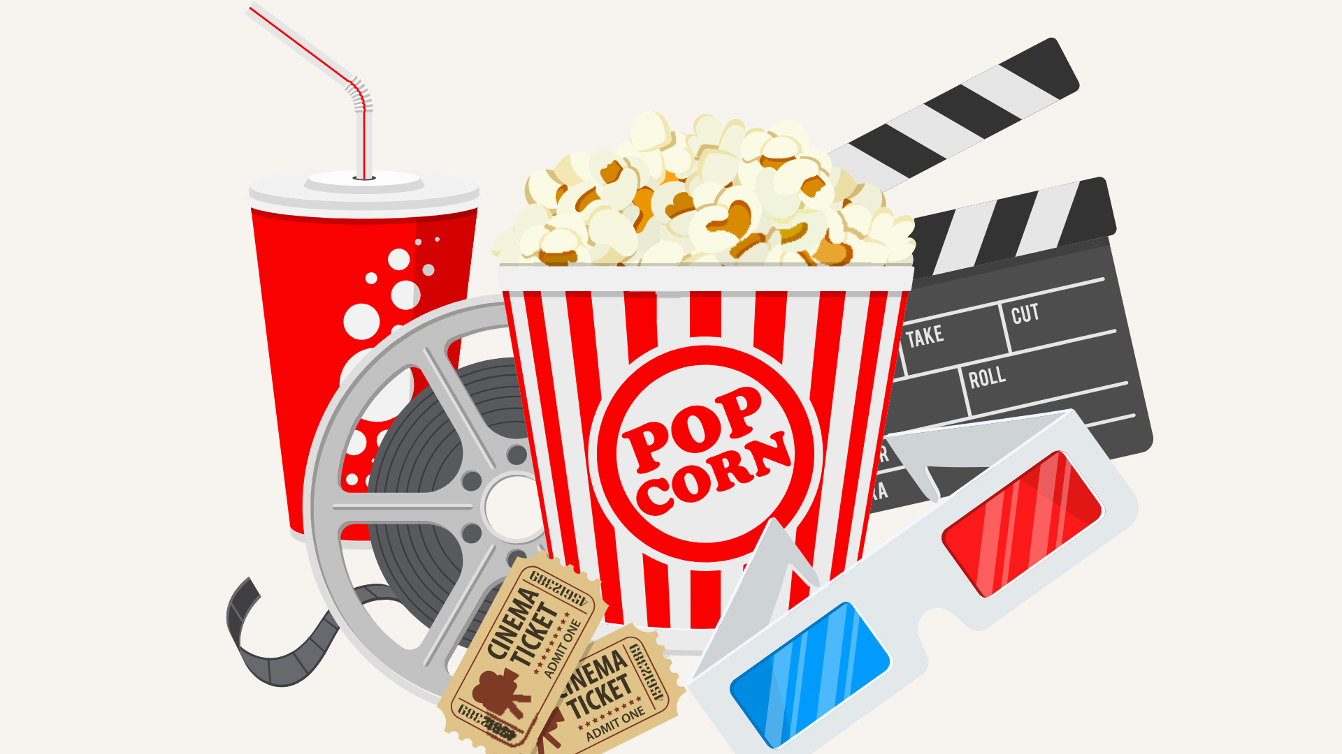 Popcorn, three d glasses, cinema tickets, coke graphic of cinema goodies