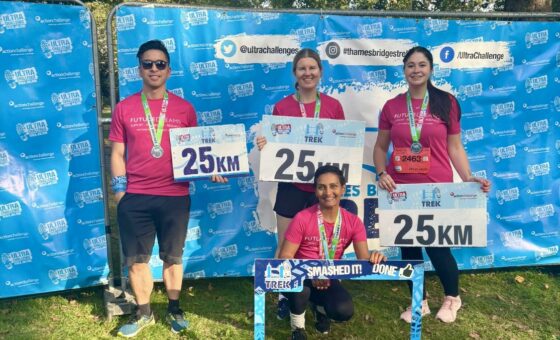 Challenge team of 4 at the finish line of the Thames Bridges Trek