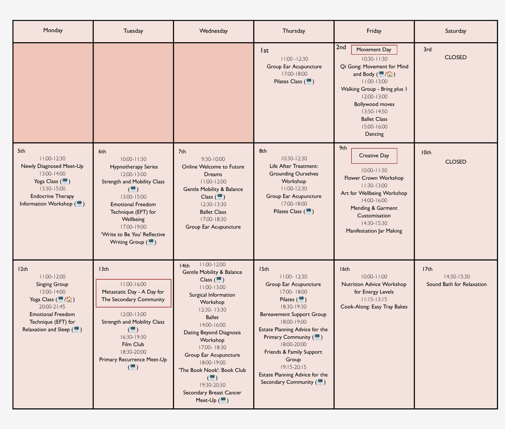 Future Dreams Workshop and Class Schedule